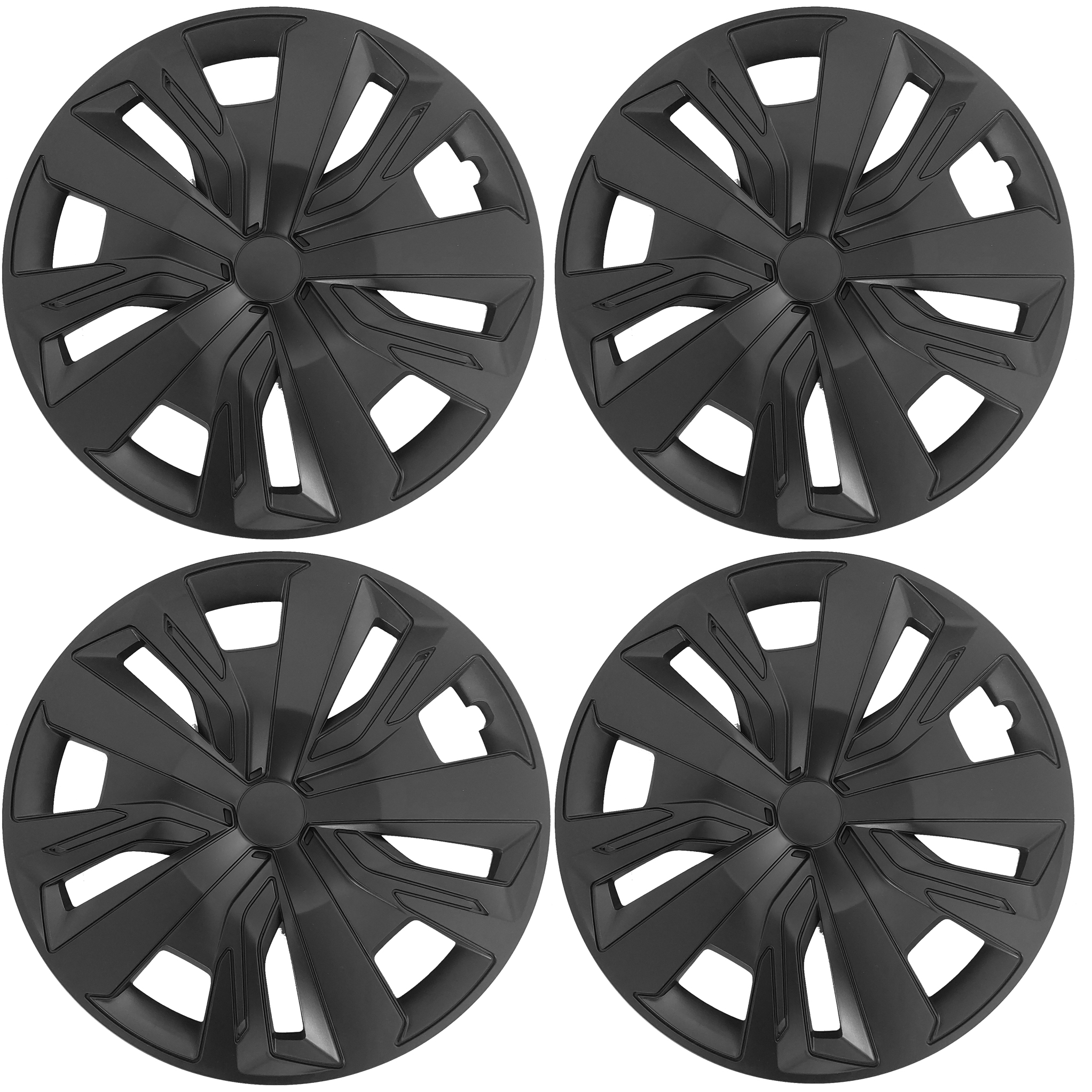 Eine Frontaufnahme des 4er Set Radkappen Modell RKK18 in schwarz.