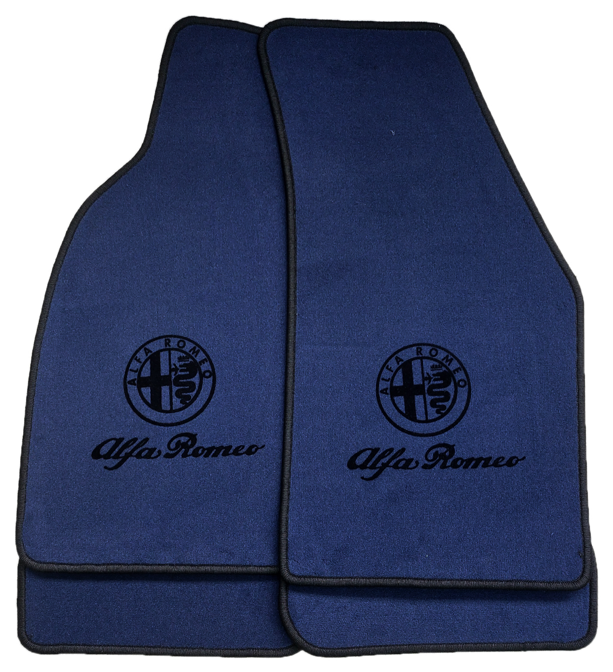 dunkelblaue Velours Fußmatten Logo+Schrift in schwarz für Alfa Romeo Spider 5 + GTV Typ 916 1994-2004 4-teilig