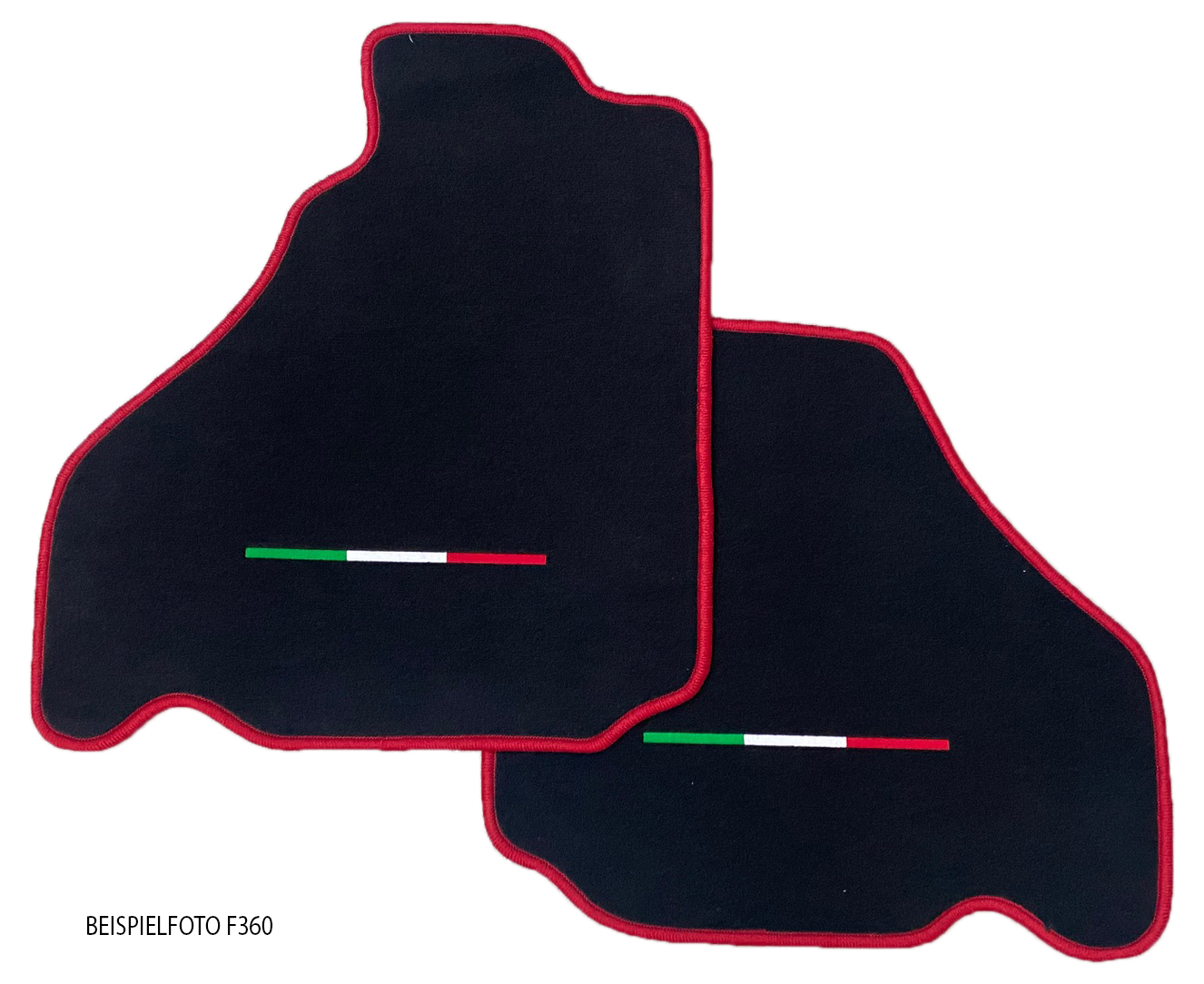 Velours Fußmatten für Ferrari 355 F355 + Spider 1994-1999 mit Bestickung Tricolore und Rand rot