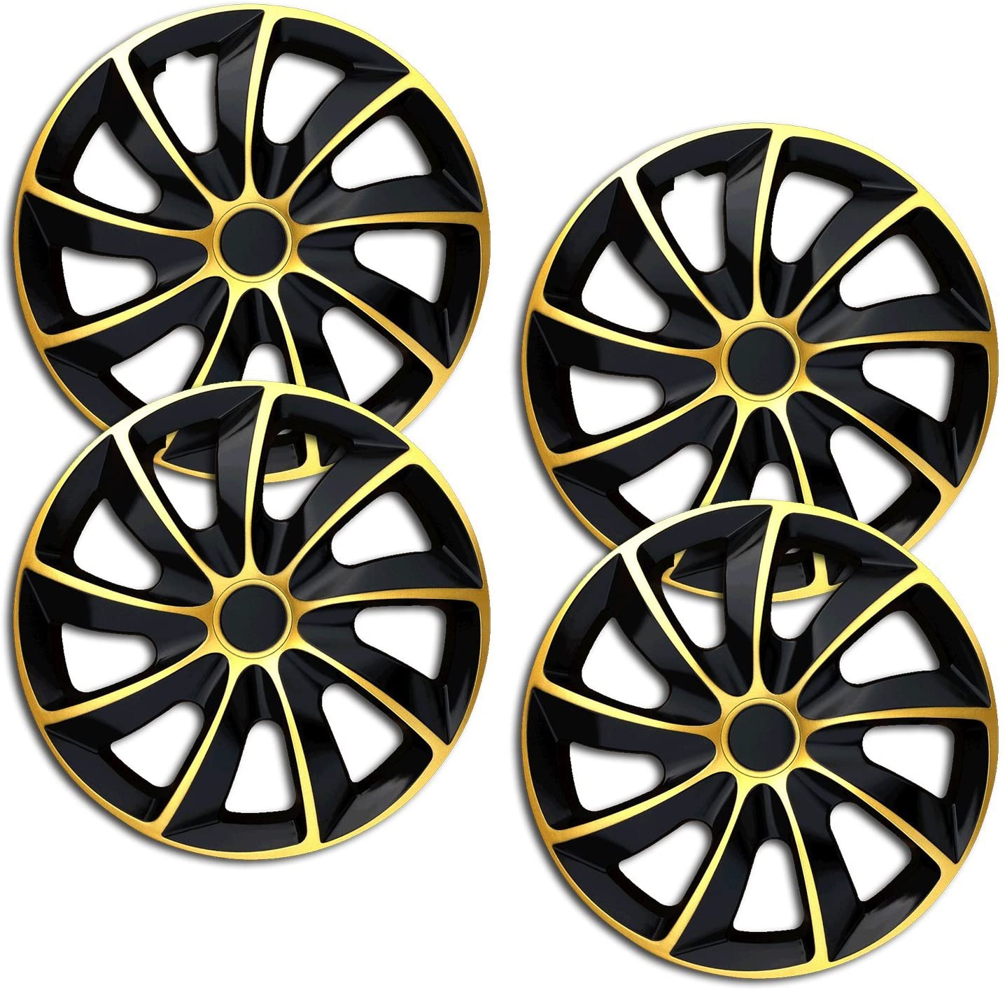 Eine Frontaufnahme des 4er Set Radkappen Modell RKK02 in schwarz-gold.